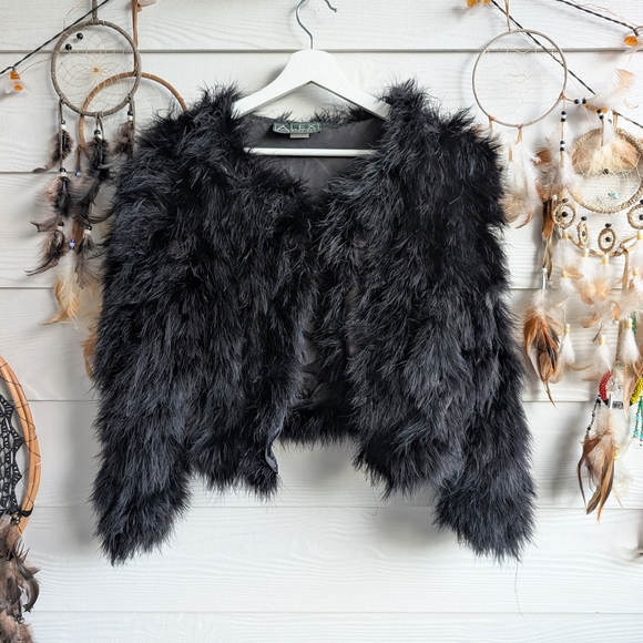 Alex Evenings Vintage Cropped Ostrich Feather Jacket Fluffy Teddy Jacket - Picture 3 of 10